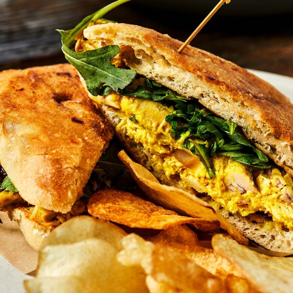 Curried chicken salad sandwich on ciabatta with arugula and potato chips on a white plate.