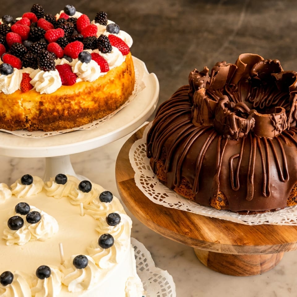 Three delicious cakes: a berry cheesecake, a chocolate bundt cake, and a vanilla cake with blueberries.