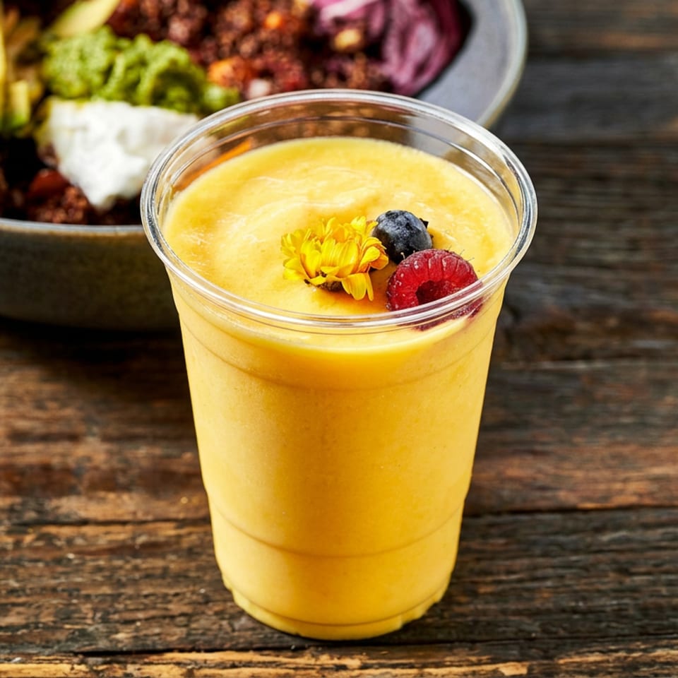 A vibrant yellow smoothie in a clear cup, garnished with berries and a flower, next to a quinoa bowl.