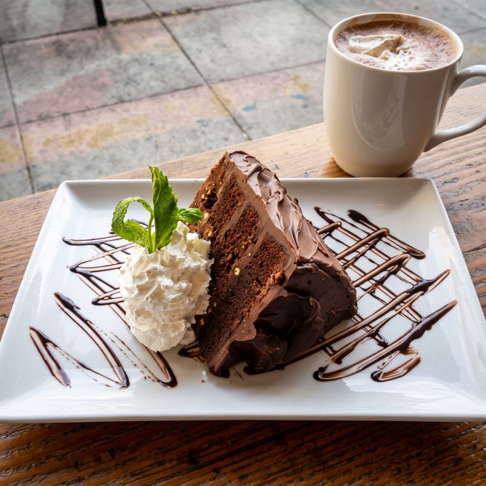 Chocolate cake slice with whipped cream, mint garnish, and chocolate drizzle beside a frothy hot drink on a wooden table.