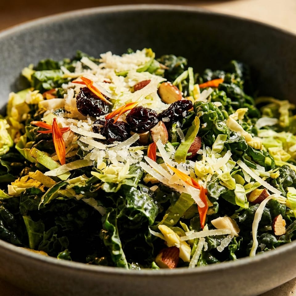 Close-up of a vibrant kale and brussels sprout salad, topped with cheese, almonds, and dried cranberries.