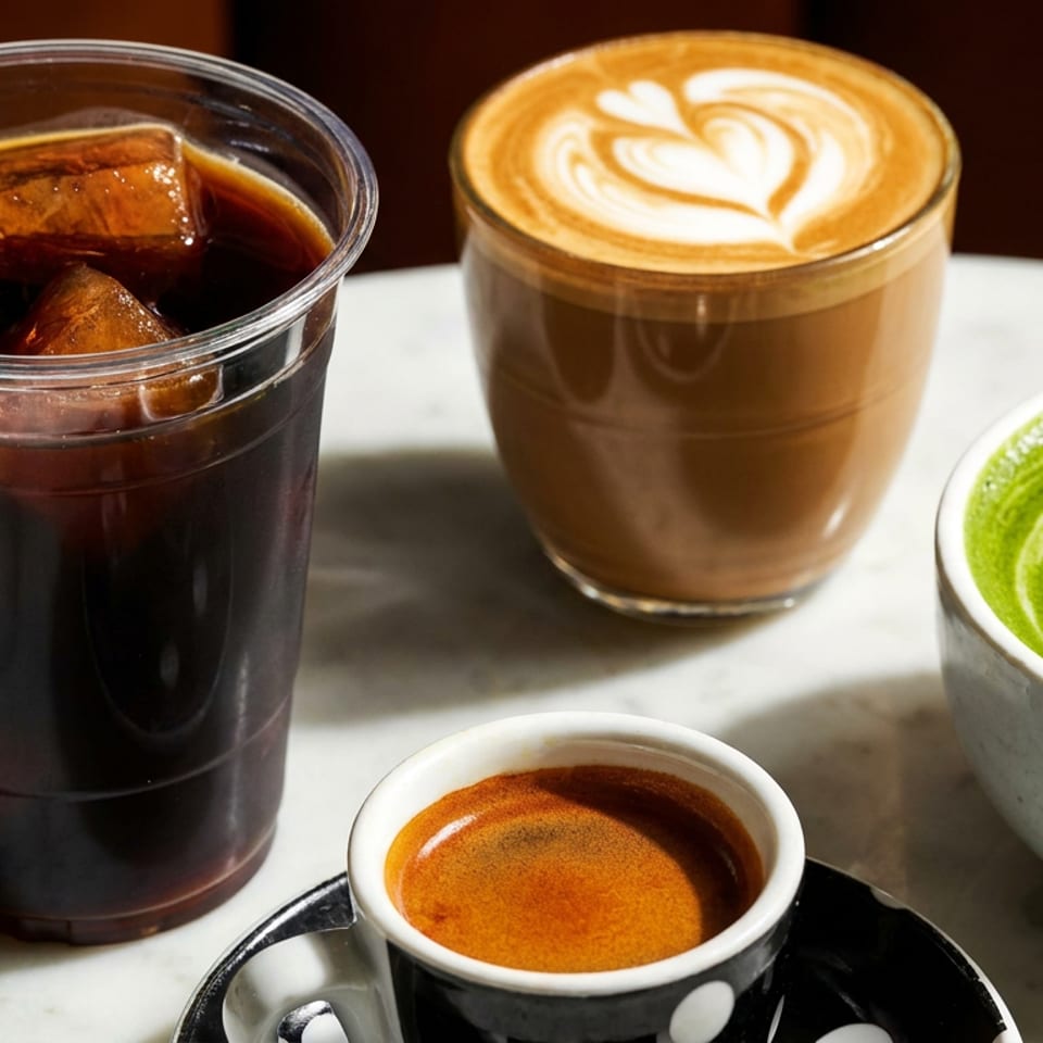 Four coffee drinks: iced coffee, latte, espresso, and matcha latte with latte art.