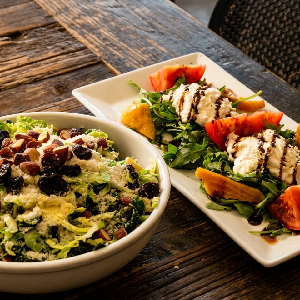 Two fresh salads on a rustic wooden table: one with almonds and dried fruit, the other with tomatoes and cheese.