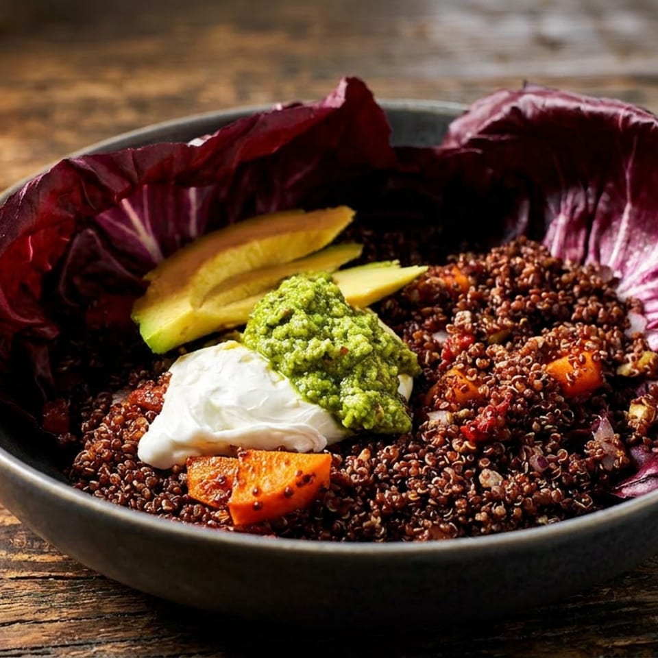 A quinoa bowl with avocado, pesto, sour cream, and roasted vegetables, served in a dark bowl.