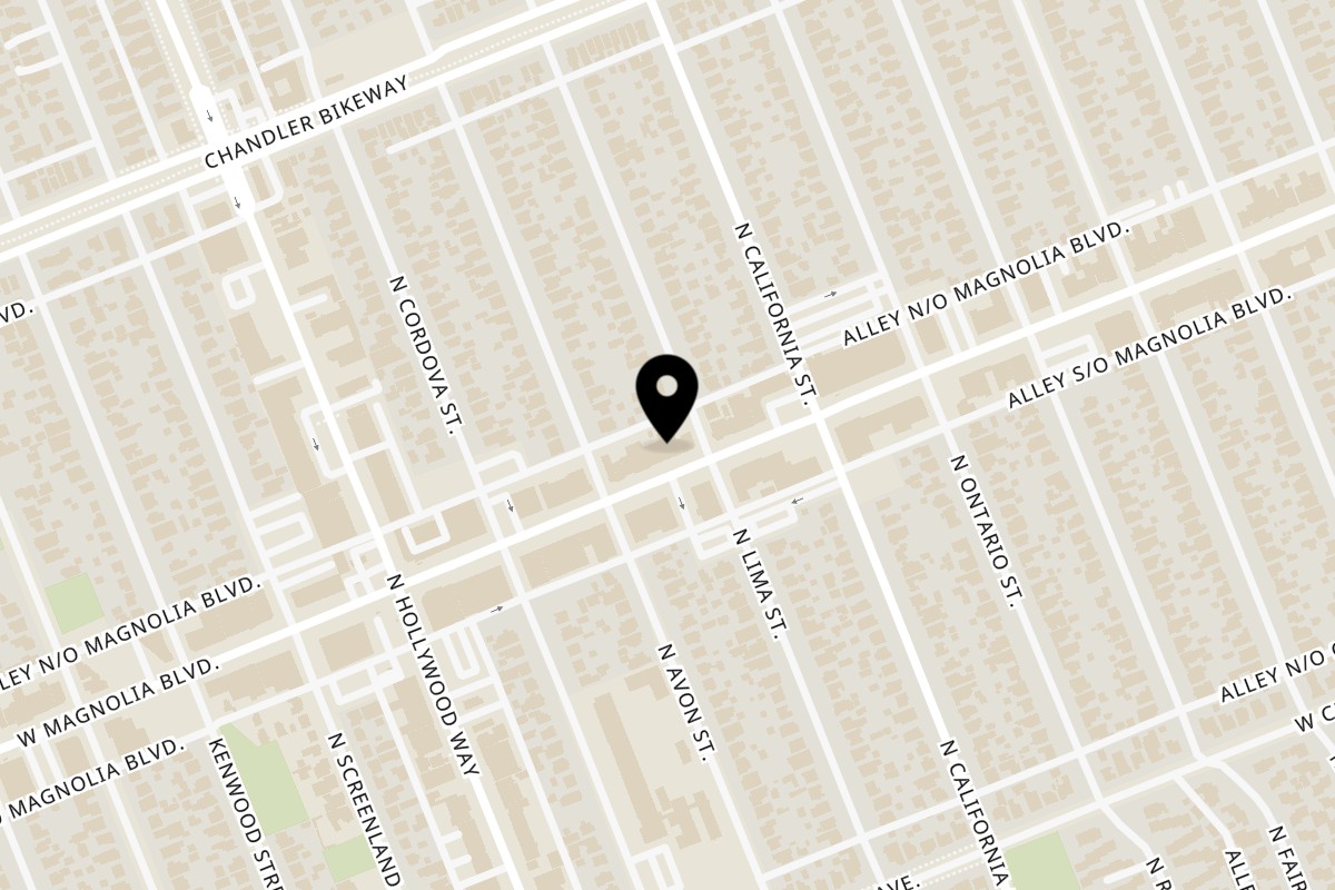 Map showing the location of Romancing the Bean Café on 3413 W Magnolia Blvd in Burbank